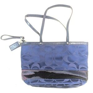 Coach F17574 Signature Tote Handbag Satin Purple Sequins Medium Blue